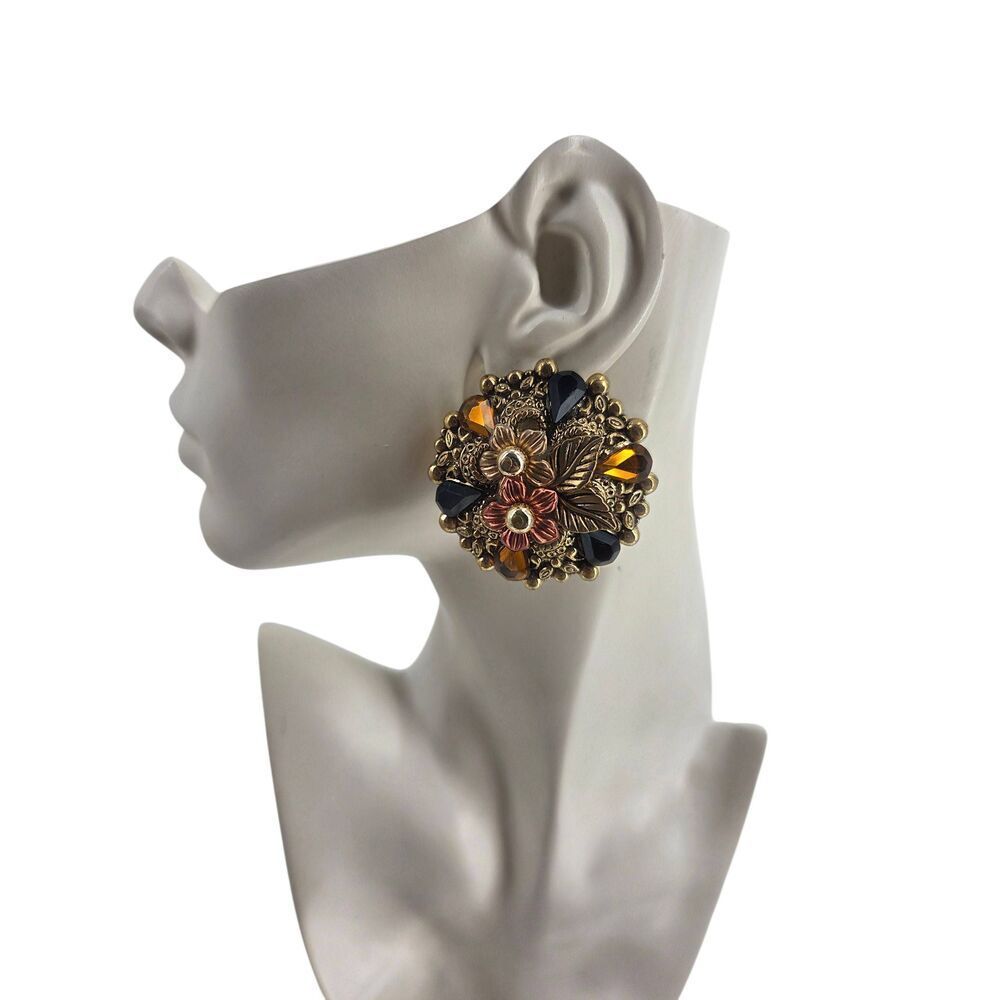 1950s Vintage Floral Cluster Clip-On Earrings in Bronze and Amber Tones
